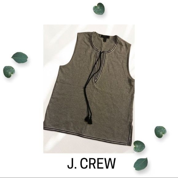 J. CREW Top Sleeveless Embroidered Trim V-Neck Black Tassel Tie Gray Size XS - Picture 1 of 7